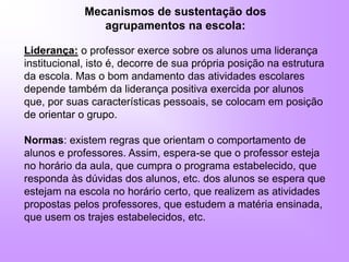 Mecanismos de sustentação dos
agrupamentos na escola:
Liderança: o professor exerce sobre os alunos uma liderança
institucional, isto é, decorre de sua própria posição na estrutura
da escola. Mas o bom andamento das atividades escolares
depende também da liderança positiva exercida por alunos
que, por suas características pessoais, se colocam em posição
de orientar o grupo.
Normas: existem regras que orientam o comportamento de
alunos e professores. Assim, espera-se que o professor esteja
no horário da aula, que cumpra o programa estabelecido, que
responda às dúvidas dos alunos, etc. dos alunos se espera que
estejam na escola no horário certo, que realizem as atividades
propostas pelos professores, que estudem a matéria ensinada,
que usem os trajes estabelecidos, etc.
 