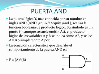 PUERTA ANDLa puerta lógica Y, más conocida por su nombre en inglés AND (AND \equiv Y \equiv \and ), realiza la función booleana de producto lógico. Su símbolo es un punto (·), aunque se suele omitir. Así, el producto lógico de las variables A y B se indica como AB, y se lee A y B o simplemente A por B.La ecuación característica que describe el comportamiento de la puerta AND es:F = (A)*(B)