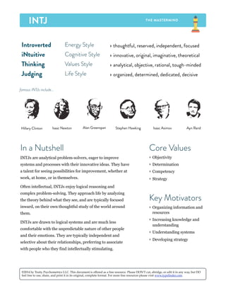 Introverted Energy Style ‣ thoughtful, reserved, independent, focused
iNtuitive Cognitive Style ‣ innovative, original, imaginative, theoretical
Thinking Values Style ‣ analytical, objective, rational, tough-minded
Judging Life Style ‣ organized, determined, dedicated, decisive
Hillary Clinton Alan GreenspanIsaac Newton Stephen Hawking Ayn RandIsaac Asimov
famous INTJs include...
In a Nutshell
INTJs are analytical problem-solvers, eager to improve
systems and processes with their innovative ideas. They have
a talent for seeing possibilities for improvement, whether at
work, at home, or in themselves.
Often intellectual, INTJs enjoy logical reasoning and
complex problem-solving. They approach life by analyzing
the theory behind what they see, and are typically focused
inward, on their own thoughtful study of the world around
them.
INTJs are drawn to logical systems and are much less
comfortable with the unpredictable nature of other people
and their emotions. They are typically independent and
selective about their relationships, preferring to associate
with people who they find intellectually stimulating.
Key Motivators
‣ Organizing information and
resources
‣ Increasing knowledge and
understanding
‣ Understanding systems
‣ Developing strategy
Core Values
‣ Objectivity
‣ Determination
‣ Competency
‣ Strategy
©2014 by Truity Psychometrics LLC. This document is offered as a free resource. Please DON'T cut, abridge, or edit it in any way, but DO
feel free to use, share, and print it in its original, complete format. For more free resources please visit www.typefinder.com.
 