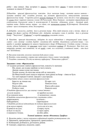 риба) - лящ (ляпас): Лящ зустрівся із ляшем і вгостив його ляшем. І таким вгостив лящем - 
залящало за лящем (Є.Гуцало). 
2.Наведіть приклад фразеологізму, поясніть його значення (напр.: вхопити шилом патоки - 
зазнати невдачі) або: складіть речення, що містить фразеологізм, витлумачити значення 
фразеологізму (напр.: З народом разом муками Тантала він мучився, коли от-от в очах обітована 
їм земля сіяла і маревом зникала у полях (М.Рильський). Муки Тантала - нестерпні страждання від 
усвідомлення близькості мети й неможливості її досягти; обітована земля - багатий край, 
омріяна мета. Любов юнача, перша - не єдина, але неопалима купина (Б.Дегтярьов). Неопалима 
купина - щось незнищенне, вічне, безсмертне). 
3. Доберіть неологізм, уведіть його в речення (напр.: Кінь твій попаски гуляє у піснях, збрую ж 
рокери для форсу нап'яли (Б.Олійник) або: доберіть застаріле слово й уведіть його в речення 
(напр.: "Закусочна", "Сифонна", в коробці патефона згасають голоси. 
4. Наведіть приклад діалектизму, доберіть до нього відповідник з літературної мови (напр.: 
гладун - глек; жовнір - солдат, бурдей - землянка) або: введіть діалектизм у речення (напр.: / ось 
прибув із мандрів ЧОРНОГУЗ до нашого барвінкового двору (П.Воронько). Сходять хлопці у долину, 
мнуть зубами бадилину, на крисанях чорні пера і наопашки кептар (Л. Костенко). Хто його зна, 
патріоти завзяті, нам невтямки, чи ми ґазди у хаті, чи в козачках у новітньої знаті, - хто його 
зна? (Б.Олійник). 
5. Письмово поясніть лексичне значення будь-якого слова. 
6. Назвіть слова-винятки з правил про написання м’якого знака і апострофа. 
7. Укладіть словничок( 20 слів) на вивчену орфограму” Написання суфіксів”. 
Завдання з теми «Фразеологія» 
1.У поданих реченнях знайдіть фразеологізми, поясніть їх значення: 
Він, видно ,цю подяку прийняв за чисту монету. 
Дмитро ламав голову над іншим. 
Ходімо додому ,бо мати вже місця собі не знаходить. 
По Миколчиній спині сипнуло морозом: ішов уранці на базар – ліжка не було. 
Тут свої порядки й звичаї, заведені з діда-прадіда. 
2.Передайте одним словом значення фразеологізмів: 
Берегти, як зіницю ока. Ні пари з уст. 
Надути губи. Повісити носа. 
Взяти себе в руки. Взяти себе в руки 
Розбити глека. Повісити носа. 
3.Знайдіть фразеологізм ,що означає «запам’ятати»: 
а) за ніс водити; в) зарубати на носі; 
б) не показати носа; г) залишитися з носом. 
4.Знайдіть визначення фразеологізму «замітати сліди»: 
а)приховувати; в) втікати ; 
б)обдурювати; г)критикувати 
5.Знайдіть російські відповідники до поданих фразеологізмів: 
а) як муха в окропі; д) ні в сих ні в тих; 
б) вивести на сухе; е) кирпу гнути; 
в) було та загуло; є) горло дерти; 
г) накивати п’ятами; ж) обоє рябоє. 
Тестові завдання з теми «Фонетика. Графіка» 
1. Вкажіть рядок, у якому порушено алфавітний порядок розташування слів. 
А Припиняти, присвячувати, прищепити, приятелювати. . 
Б Розбещений, розбіжність, роз'юшити, роїння. 
В Самоцвіт, сваритися, свідоцтво, сервіз. 
 