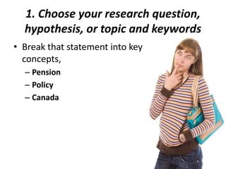 1. Choose your research question,
hypothesis, or topic and keywords
• Break that statement into key
concepts,
– Pension
– Policy
– Canada
 