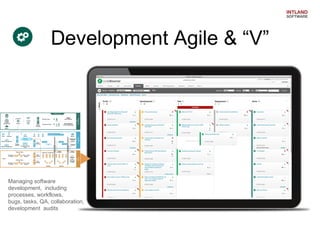 Development Agile & “V”

Managing software
development, including
processes, workflows,
bugs, tasks, QA, collaboration,
development audits

 