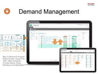 IT Alignment

Demand Management

Align IT-Demand to Program,
Project & Team. Support 10s
100s, 1000s of projects.
Provides Rating, Voting,
Workflows and collaboration.

 