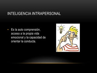 INTELIGENCIA INTRAPERSONAL
• Es la auto comprensión,
acceso a la propia vida
emocional y la capacidad de
orientar la conducta.
 
