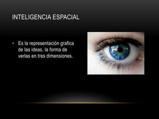 INTELIGENCIA ESPACIAL
• Es la representación grafica
de las ideas, la forma de
verlas en tres dimensiones.
 