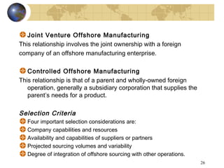 Joint Venture Offshore Manufacturing  
This relationship involves the joint ownership with a foreign
company of an offshor...