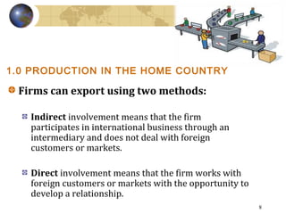 8
1.0 PRODUCTION IN THE HOME COUNTRY
Firms can export using two methods:
Indirect involvement means that the firm
particip...