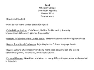 Kayri
Wheaton College
Dominican Republic
Class of 2014
Neuroscience
•Residential Student
•Plans to stay in the United States for 8 years
•Clubs & Organizations: Club Tennis, Habitat for Humanity, Amnesty
International, Wheaton's Women Organization
•Reasons for coming to the United States: Better Education and more opportunities
•Biggest Transitional Challenges: Adjusting to the Culture, language barrier
•Biggest Cultural Challenges: Peers being more open sexually, lack of a strong
community (stores, restaurants, recreational places)
•Personal Changes: New ideas and views on many different topics, more well rounded
in thoughts
 