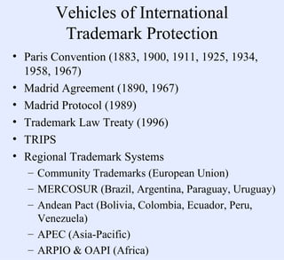 Vehicles of International Trademark Protection <ul><li>Paris Convention (1883, 1900, 1911, 1925, 1934, 1958, 1967) </li></...