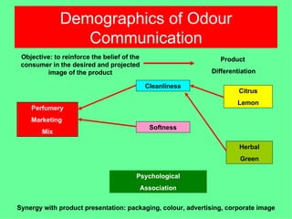 Demographics of Odour
                 Communication
 Objective: to reinforce the belief of the                      Product
 consumer in the desired and projected
         image of the product                                Differentiation

                                              Cleanliness
                                                                      Citrus
                                                                      Lemon
    Perfumery
    Marketing
                                               Softness
        Mix

                                                                      Herbal
                                                                      Green

                                        Psychological
                                             Association


Synergy with product presentation: packaging, colour, advertising, corporate image
 