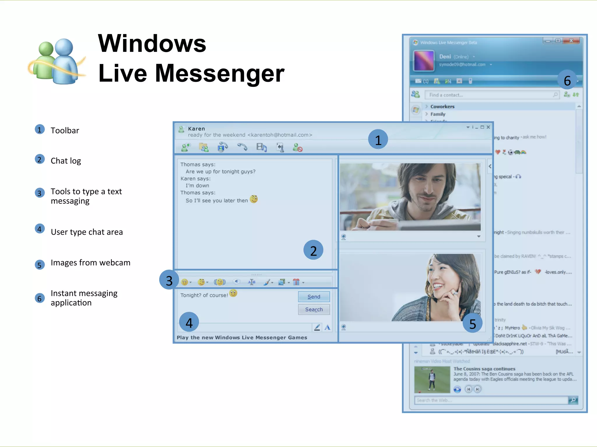 Windows
Live Messenger

6	
  

1	
   Toolbar	
  

1	
  

	
  
2	
   Chat	
  log	
  

	
  
3	
   Tools	
  to	
  type	
  a	
  text	
  

messaging	
  
	
  

4	
   User	
  type	
  chat	
  area	
  	
  

	
  

2	
  

5	
   Images	
  from	
  webcam	
  

	
  
Instant	
  messaging	
  
6	
   applica0on	
  

3	
  
4	
  

5	
  

 