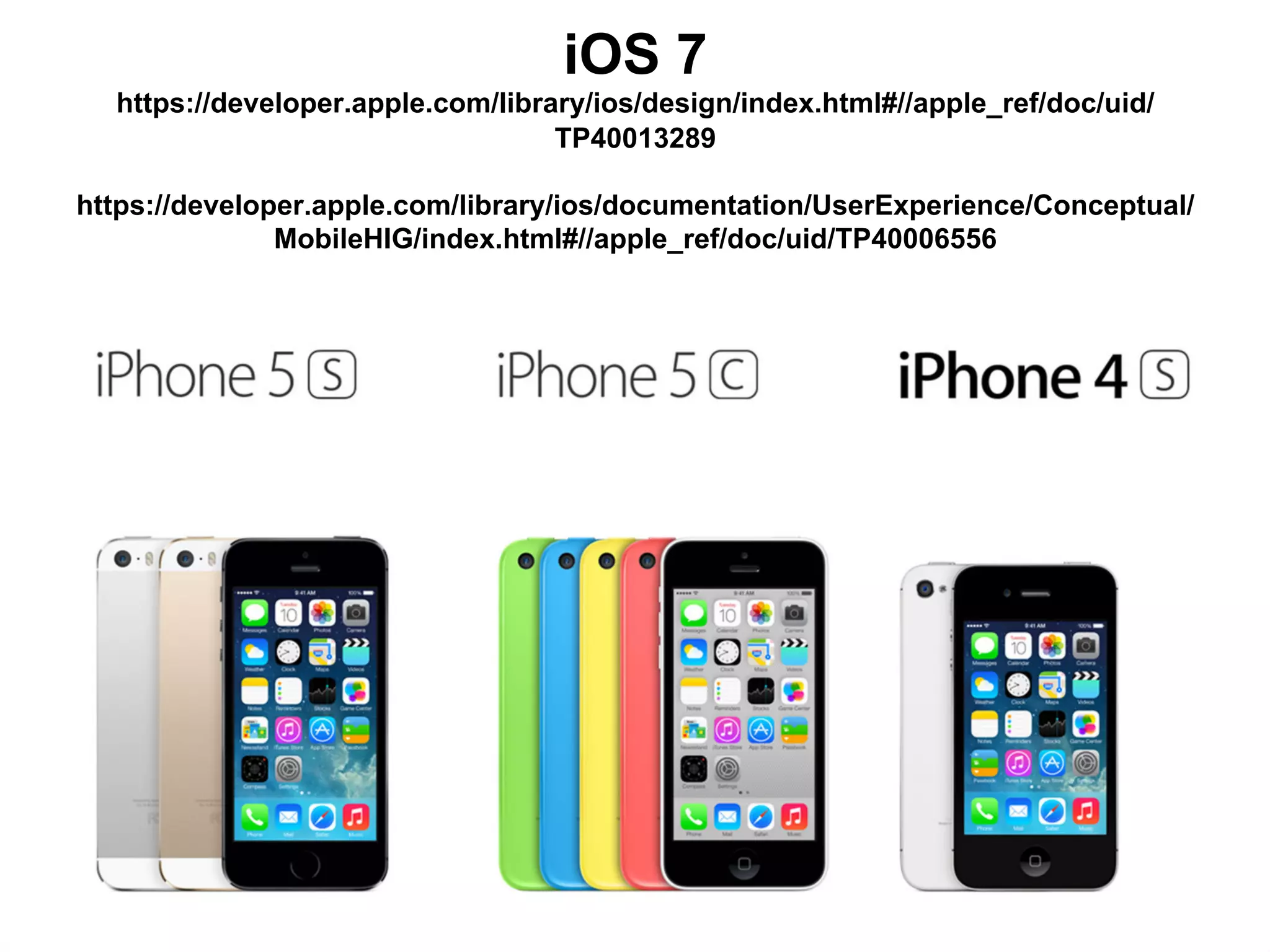 iOS 7
https://developer.apple.com/library/ios/design/index.html#//apple_ref/doc/uid/
TP40013289
https://developer.apple.com/library/ios/documentation/UserExperience/Conceptual/
MobileHIG/index.html#//apple_ref/doc/uid/TP40006556

 
