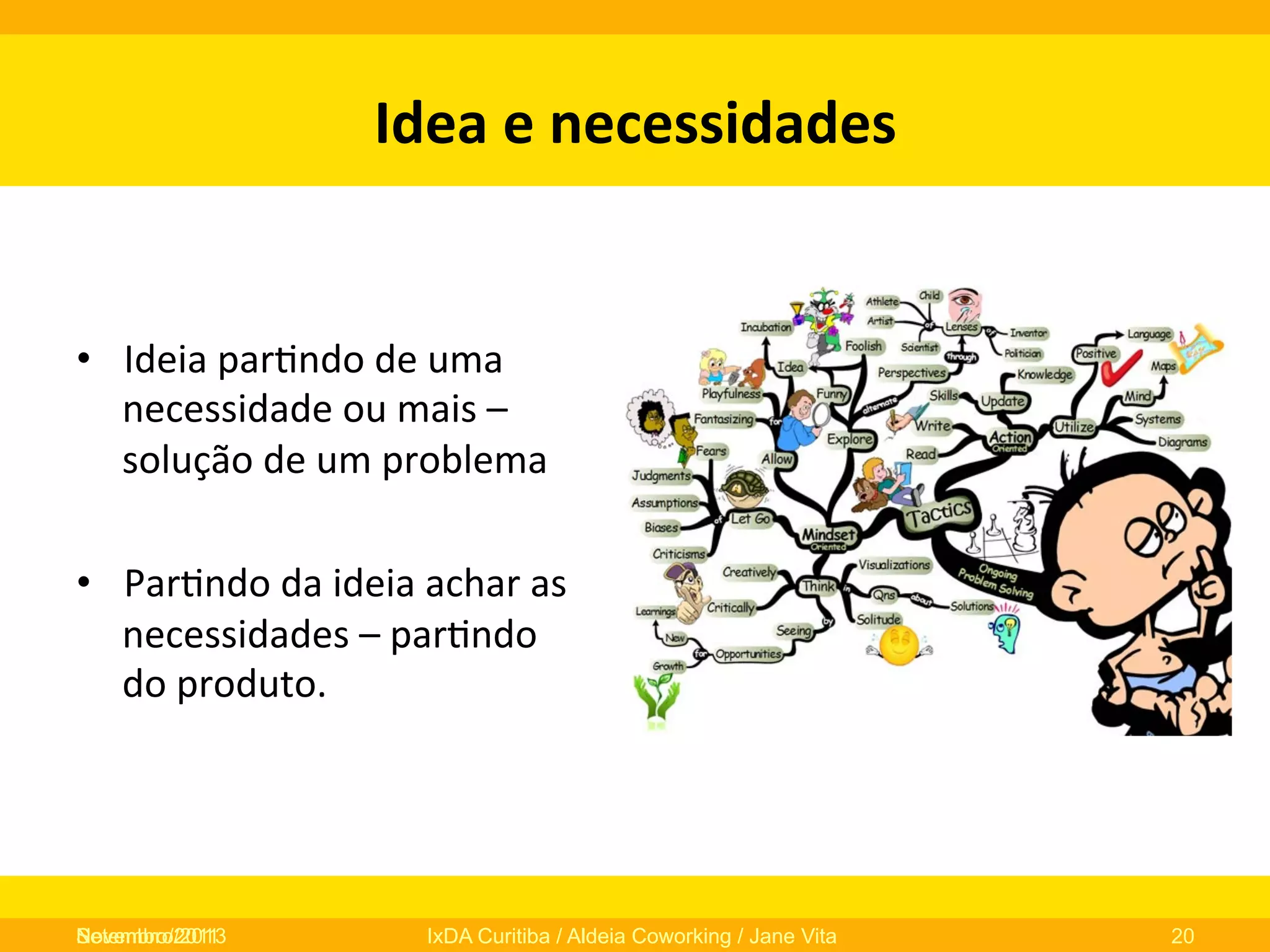 Idea	
  e	
  necessidades	
  

•  Ideia	
  par0ndo	
  de	
  uma	
  
necessidade	
  ou	
  mais	
  –	
  
solução	
  de	
  um	
  problema	
  
•  Par0ndo	
  da	
  ideia	
  achar	
  as	
  
necessidades	
  –	
  par0ndo	
  
do	
  produto.	
  

Novembro/2013
Setembro/2011

IxDA Curitiba / Aldeia Coworking / Jane Vita

20

 