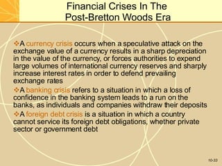 Financial Crises In The
Post-Bretton Woods Era
10-33
A currency crisis occurs when a speculative attack on the
exchange value of a currency results in a sharp depreciation
in the value of the currency, or forces authorities to expend
large volumes of international currency reserves and sharply
increase interest rates in order to defend prevailing
exchange rates
A banking crisis refers to a situation in which a loss of
confidence in the banking system leads to a run on the
banks, as individuals and companies withdraw their deposits
A foreign debt crisis is a situation in which a country
cannot service its foreign debt obligations, whether private
sector or government debt
 