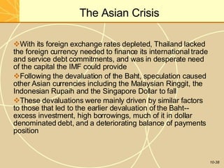 The Asian Crisis
10-38
With its foreign exchange rates depleted, Thailand lacked
the foreign currency needed to finance its international trade
and service debt commitments, and was in desperate need
of the capital the IMF could provide
Following the devaluation of the Baht, speculation caused
other Asian currencies including the Malaysian Ringgit, the
Indonesian Rupaih and the Singapore Dollar to fall
These devaluations were mainly driven by similar factors
to those that led to the earlier devaluation of the Baht--
excess investment, high borrowings, much of it in dollar
denominated debt, and a deteriorating balance of payments
position
 