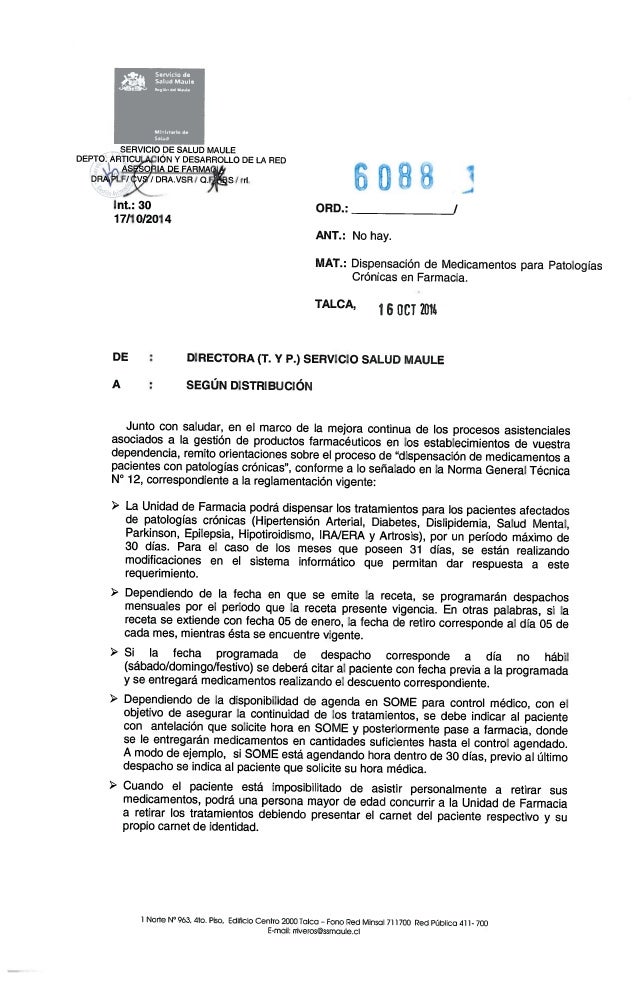 Int N 30 Oficio 60 Dispensacion De Medicamentos Para Patologias Cro Int N 30 Oficio 60 Dispensacion De Medicamentos Para Patologias Cro
