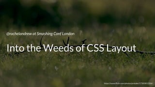 @rachelandrew at Smashing Conf London
Into the Weeds of CSS Layout
https://www.ﬂickr.com/photos/protake/17383852206/
 