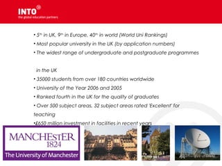 • 5th
in UK, 9th
in Europe, 40th
in world (World Uni Rankings)
• Most popular university in the UK (by application numbers)
• The widest range of undergraduate and postgraduate programmes
in the UK
• 35000 students from over 180 countries worldwide
• University of the Year 2006 and 2005
• Ranked fourth in the UK for the quality of graduates
• Over 500 subject areas, 32 subject areas rated 'Excellent' for
teaching
•£650 million investment in facilities in recent years
 