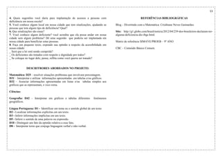 13
4. Quais sugestões você daria para implantação de acessos a pessoas com
deficiência em nossa escola?
5. Você conhece algum local em nossa cidade que tem sinalizações, ajudando as
pessoas que tem algum tipo de deficiência? Qual?
6. Que sinalizações são essas?
7. Você conhece algum deficiente? você acredita que ela possa andar em nossa
cidade sem algum problema? Dê uma sugestão que poderia ser implantada em
nossa cidade para beneficiar estas pessoas.
8. Faça um pequeno texto, expondo sua opinião a respeito da acessibilidade em
nossa cidade:
_ Será que a lei está sendo cumprida?
_ Os deficientes são tratados com respeito e dignidade por todos?
_ Se coloque no lugar dele, pense, reflita como você queria ser tratado?
DESCRITRORES ABORDADOS NO PROJETO:
Matemática: D25 – resolver situações problemas que envolvam porcentagem.
D31 – Interpretar e utilizar informações apresentadas em tabelas e/ou gráficos.
D32 – Associar informações apresentadas em listas e/ou tabelas simples aos
gráficos que as representam, e vice-versa.
Ciências:
Geografia: D42 – Interpretar em gráficos e tabelas diferentes fenômenos
geográficos.
Língua Portuguesa: D1 - Identificar um tema ou o sentido global de um texto
D2 - Localizar informações explícitas em um texto.
D3 - Inferir informações implícitas em um texto.
D5 - Inferir o sentido de uma palavra ou expressão.
D10 - Distinguir um fato da opinião relativa a esse fato.
D8 - Interpretar texto que conjuga linguagem verbal e não-verbal.
REFERÊNCIAS BIBLIOGRÁFICAS
Blog – Divertindo com a Matemática: Cristhiane Neves Guimarães.
Site: http://g1.globo.com/brasil/noticia/2012/04/239-dos-brasileiros-declaram-ter-
alguma-deficiencia-diz-ibge.html.
Matriz de referência SIMAVE/PROEB – 9º ANO
CBC – Conteúdo Básico Comum.
 