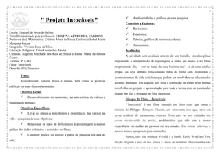 2
" Projeto Intocáveis"
Escola Estadual de Serra do Salitre
Trabalho idealizado pela professora: CRISTINA ALVES DE S. CARDOSO
Professor (as): Matemática: Cristina Alves de Souza Cardoso e Isabel Maria
Mesquita Rocha.
Geografia: Viviane Rosa da Silva.
Educação Religiosa: Taísa Guimarães Xavier.
Ciências: Angelita Machado dos Reis de Souza e Elaine Maria de Fátima
Castro.
Turmas: 9º A/B/C
Filme: Intocáveis
Duração: 01h52minutos
Tema:
Acessibilidade, valores éticos e morais, bem como as políticas
públicas em suas dimensões sociais.
Objetivo Geral:
 Desenvolvimento do raciocínio, da auto-estima, de valores e
mudança de atitudes.
Objetivos Específicos:
 Levar os alunos a perceberem a importância dos valores na
vida e conquista de seus objetivos;
 Relacionar os tipos de deficiências à porcentagem e análise
gráfica dos dados coletados e assistidos no filme;
 Construir gráfico de setores a partir da pesquisa em sala de
aula;
 Analisar tabelas e gráficos de uma pesquisa.
Conceitos a Explorar:
 Raciocínio;
 Estatística;
 Tabelas, gráficos de setores e colunas;
 Auto-estima.
Avaliação:
A atividade será avaliada através de um trabalho interdisciplinar
englobando a interpretação de reportagens e slides em anexo e do filme
propriamente dito – por se tratar de uma história real – e de uma análise
grupal, ou seja, debates relacionando fatos do filme com momentos e
acontecimentos da vida cotidiana que podem ser resolvidos ou relacionados
ao tema abordado. Em seguida será feita a confecção de slides pelas turmas
envolvidas no projeto e apresentação para toda a turma com as conclusões
tiradas por eles e postadas no blog da escola.
Sinopse do Filme – Intocáveis
“Intocáveis” é um filme baseado em fatos reais que conta a
história de Philippe (François Cluzet), um aristocrata rico que, após um
grave acidente de paraquedas, contrata Driss para ser seu cuidador um
jovem recém-saído da prisão, problemático que não tem a menor
experiência em cuidar de pessoas no seu estado.. Em outras palavras, a
pessoa menos apropriada para o trabalho.
Juntos, eles irão misturar Vivaldi e a banda Earth, Wind and Fire,
dicção elegante e jazz de rua, ternos e calças de moletom. Dois mundos vão
 
