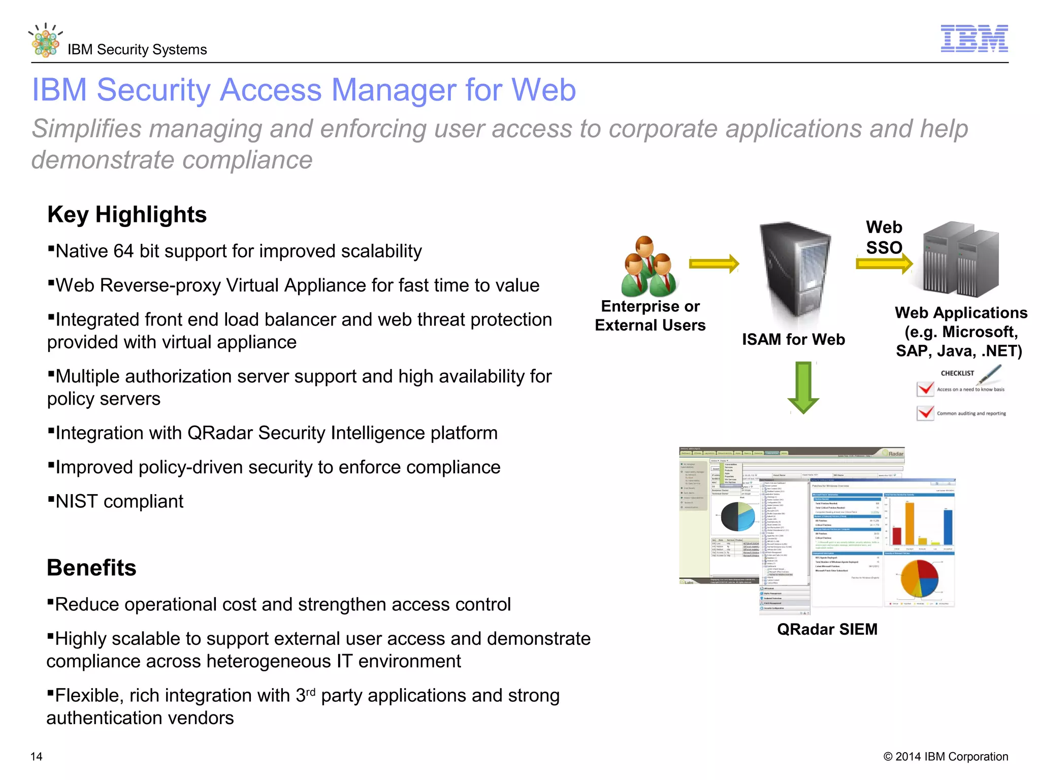 © 2014 IBM Corporation
IBM Security Systems
14
IBM Security Access Manager for Web
Key Highlights
Native 64 bit support for improved scalability
Web Reverse-proxy Virtual Appliance for fast time to value
Integrated front end load balancer and web threat protection
provided with virtual appliance
Multiple authorization server support and high availability for
policy servers
Integration with QRadar Security Intelligence platform
Improved policy-driven security to enforce compliance
NIST compliant
Enterprise or
External Users
Web Applications
(e.g. Microsoft,
SAP, Java, .NET)
Web
SSO
ISAM for Web
QRadar SIEM
Benefits
Reduce operational cost and strengthen access control
Highly scalable to support external user access and demonstrate
compliance across heterogeneous IT environment
Flexible, rich integration with 3rd
party applications and strong
authentication vendors
Simplifies managing and enforcing user access to corporate applications and help
demonstrate compliance
 