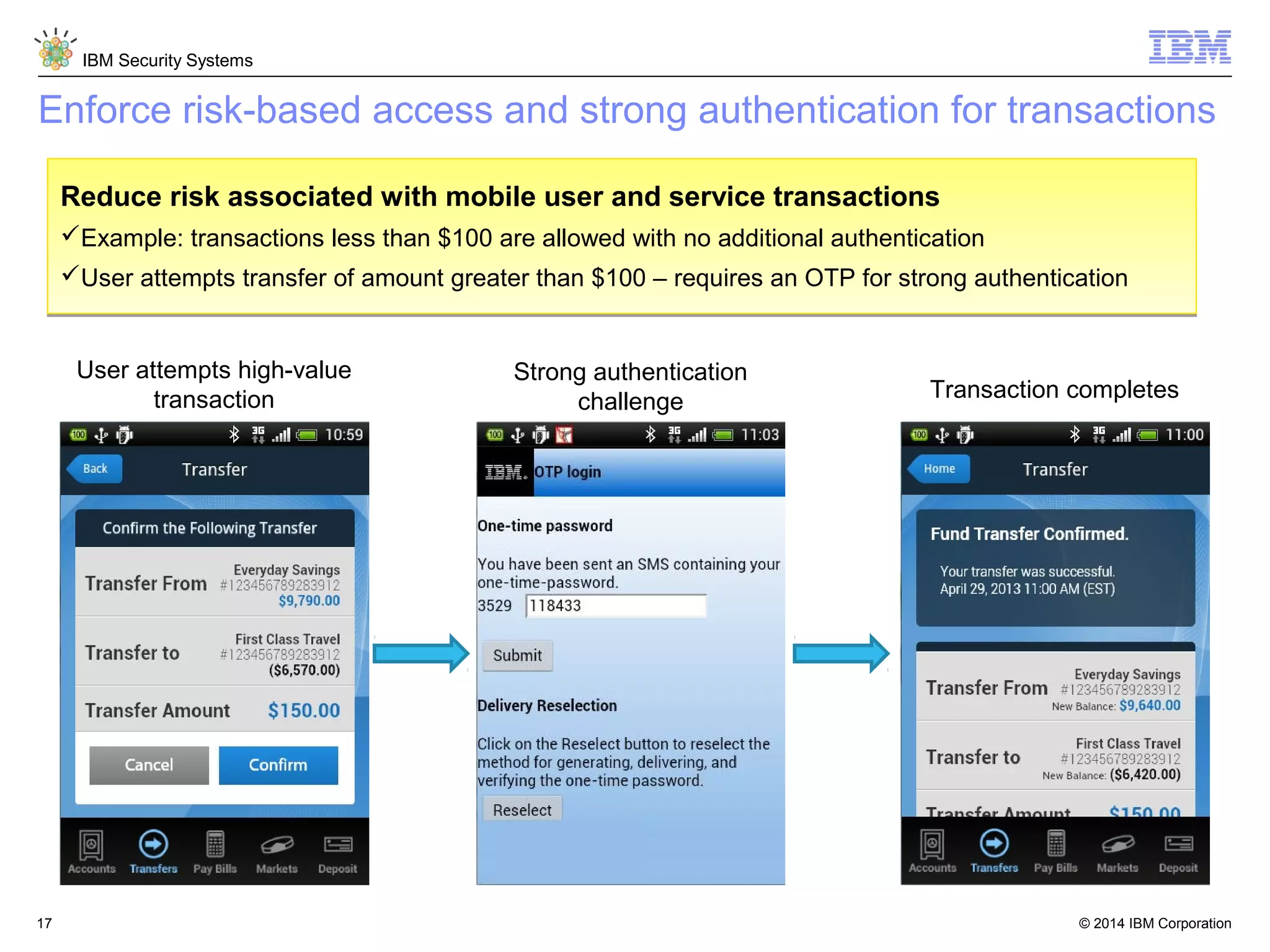 © 2014 IBM Corporation
IBM Security Systems
17
Enforce risk-based access and strong authentication for transactions
Reduce risk associated with mobile user and service transactions
Example: transactions less than $100 are allowed with no additional authentication
User attempts transfer of amount greater than $100 – requires an OTP for strong authentication
Reduce risk associated with mobile user and service transactions
Example: transactions less than $100 are allowed with no additional authentication
User attempts transfer of amount greater than $100 – requires an OTP for strong authentication
User attempts high-value
transaction
Strong authentication
challenge Transaction completes
 