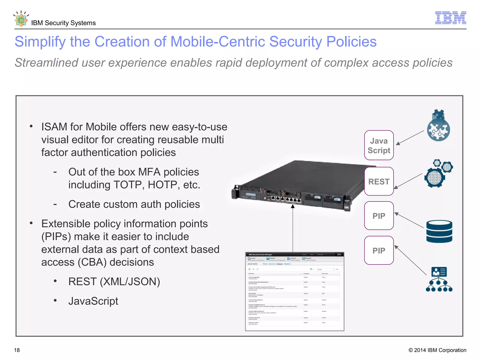 © 2014 IBM Corporation
IBM Security Systems
18
Simplify the Creation of Mobile-Centric Security Policies
Streamlined user experience enables rapid deployment of complex access policies
• ISAM for Mobile offers new easy-to-use
visual editor for creating reusable multi
factor authentication policies
- Out of the box MFA policies
including TOTP, HOTP, etc.
- Create custom auth policies
• Extensible policy information points
(PIPs) make it easier to include
external data as part of context based
access (CBA) decisions
• REST (XML/JSON)
• JavaScript
PIP
Java
Script
PIP
REST
 