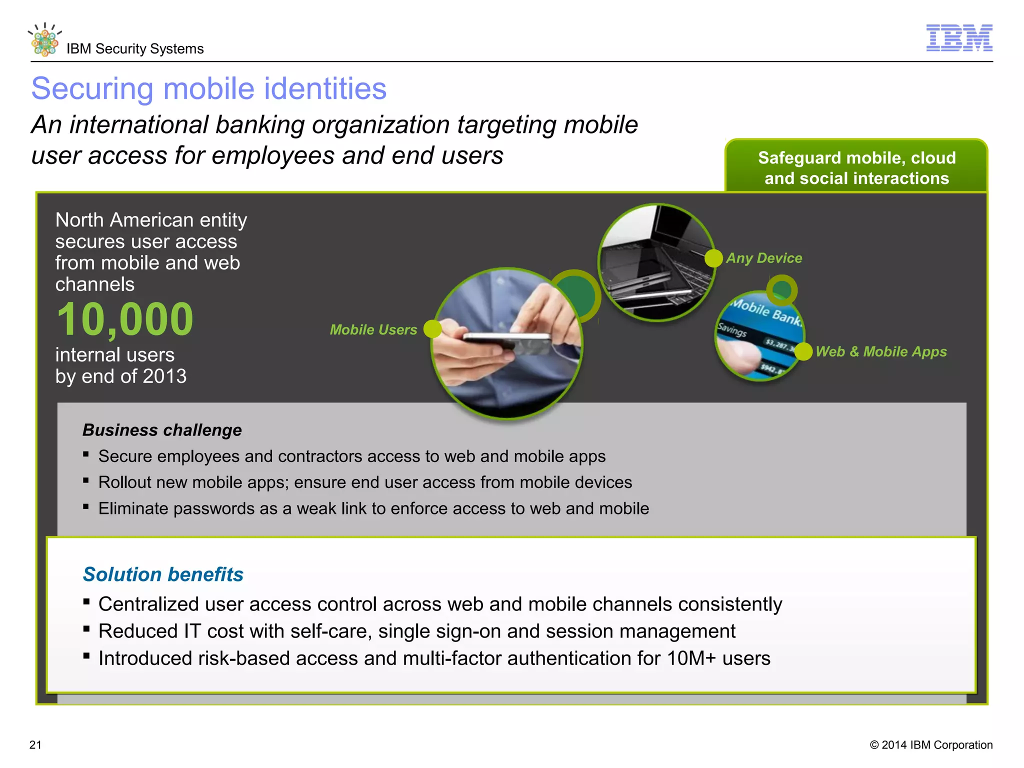 © 2014 IBM Corporation
IBM Security Systems
21
North American entity
secures user access
from mobile and web
channels
10,000
internal users
by end of 2013
Securing mobile identities
An international banking organization targeting mobile
user access for employees and end users Safeguard mobile, cloud
and social interactions
Mobile Users
Web & Mobile Apps
Any Device
Business challenge
 Secure employees and contractors access to web and mobile apps
 Rollout new mobile apps; ensure end user access from mobile devices
 Eliminate passwords as a weak link to enforce access to web and mobile
Solution benefits
 Centralized user access control across web and mobile channels consistently
 Reduced IT cost with self-care, single sign-on and session management
 Introduced risk-based access and multi-factor authentication for 10M+ users
 