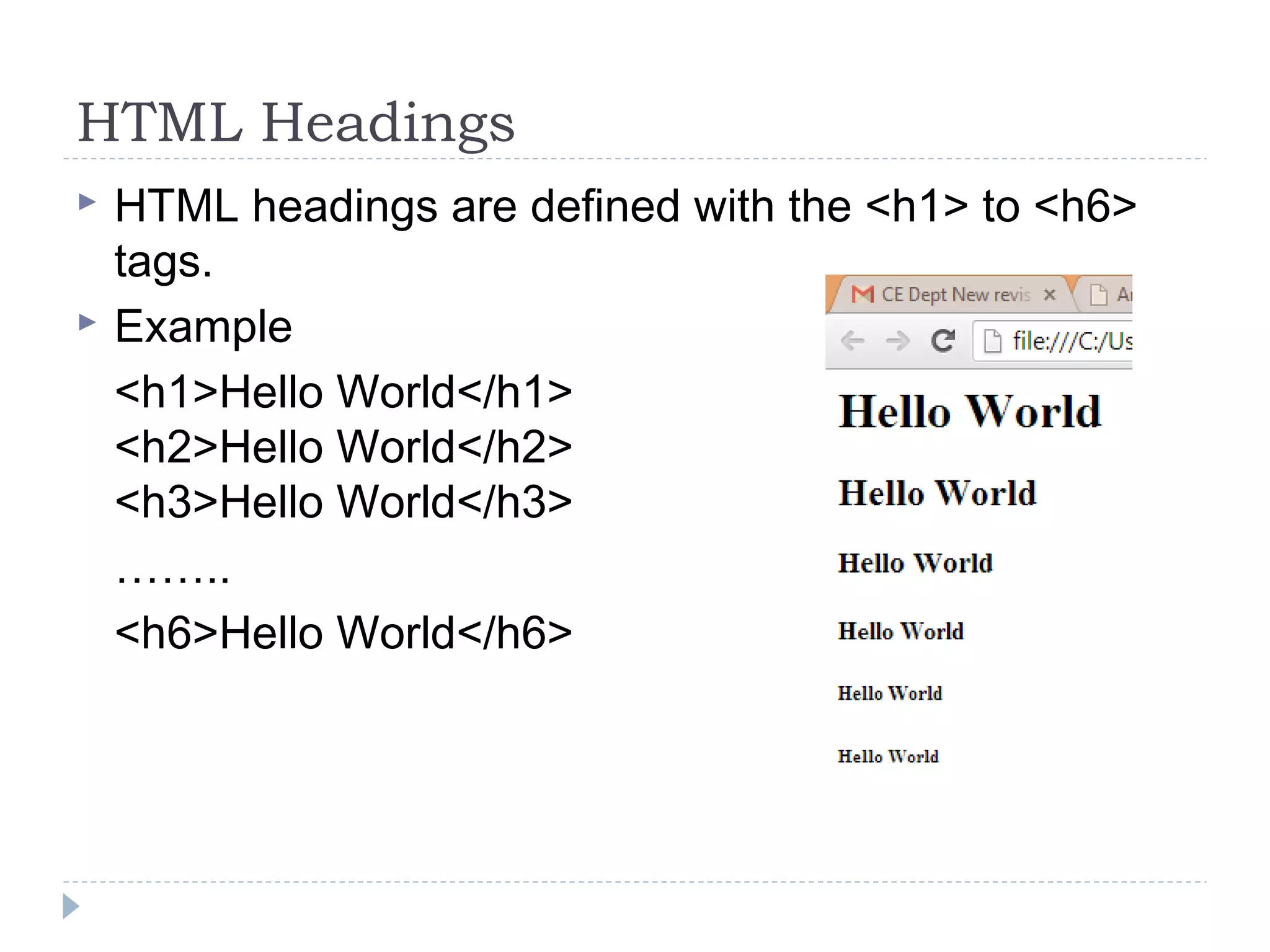 HTML Headings
 HTML headings are defined with the <h1> to <h6>
tags.
 Example
<h1>Hello World</h1>
<h2>Hello World</h2>
<h3>Hello World</h3>
……..
<h6>Hello World</h6>
 