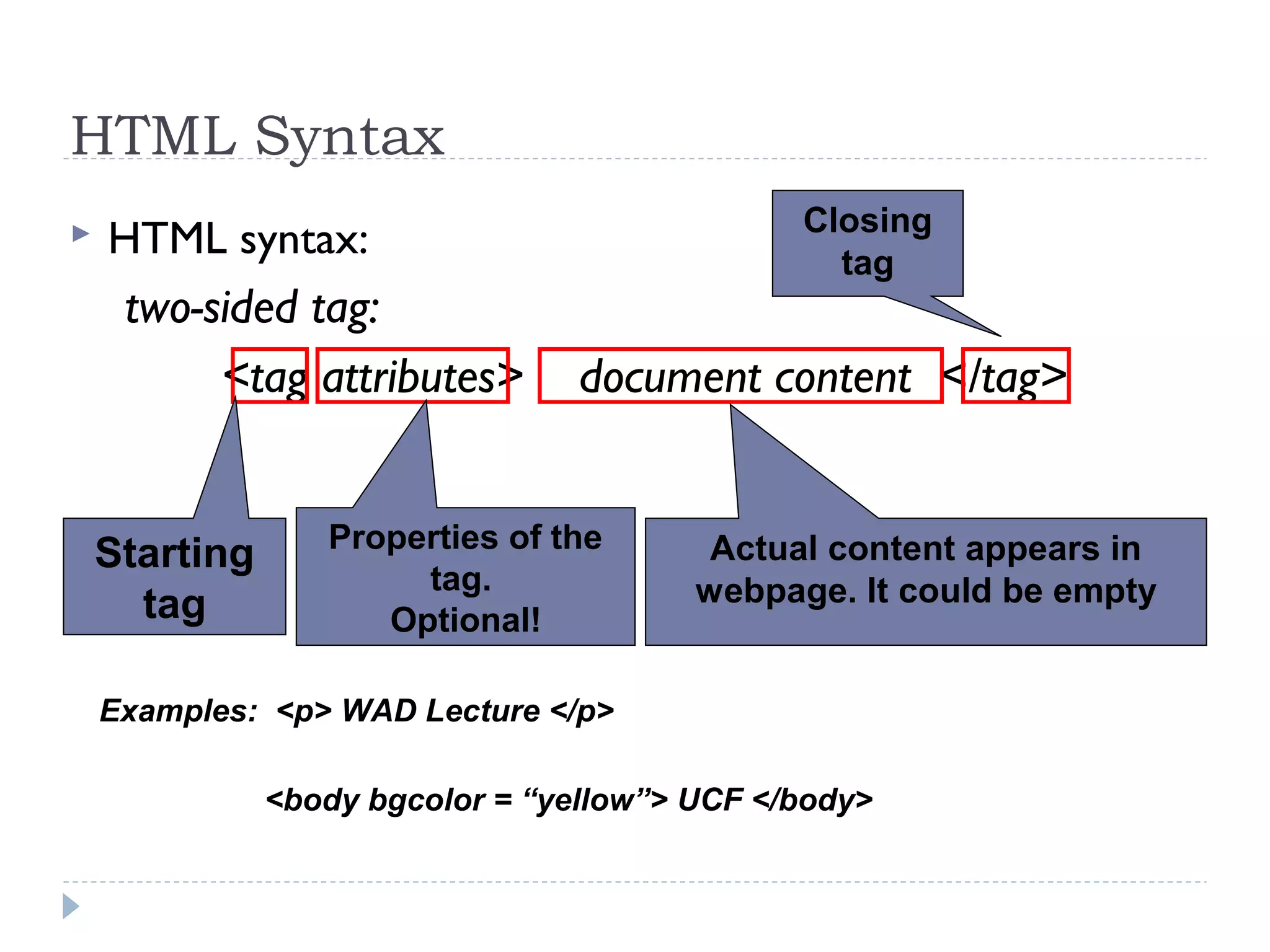 HTML Syntax
 HTML syntax:
two-sided tag:
<tag attributes> document content </tag>
Starting
tag
Properties of the
tag.
Optional!
Actual content appears in
webpage. It could be empty
Closing
tag
Examples: <p> WAD Lecture </p>
<body bgcolor = “yellow”> UCF </body>
 