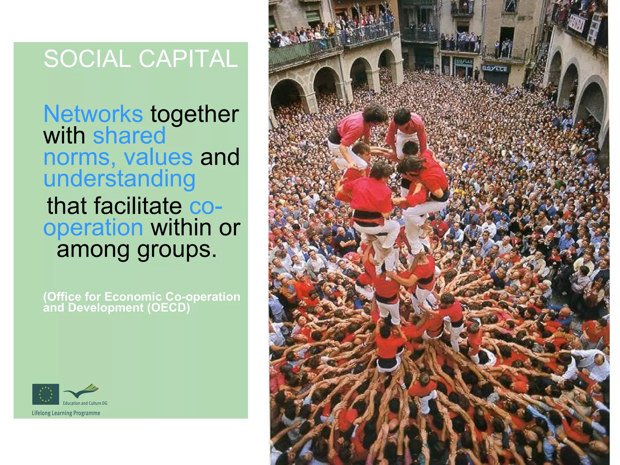 SOCIAL CAPITAL Networks  together with  shared norms, values  and  understanding that facilitate  co-operation  within or  among groups. (Office for Economic Co-operation and Development (OECD)   