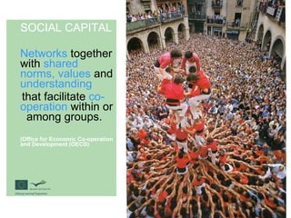 SOCIAL CAPITAL Networks  together with  shared norms, values  and  understanding that facilitate  co-operation  within or  among groups. (Office for Economic Co-operation and Development (OECD)   