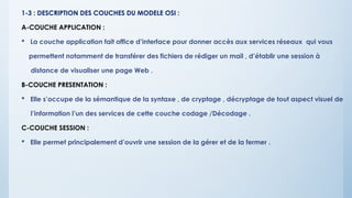 1-3 : DESCRIPTION DES COUCHES DU MODELE OSI :
A-COUCHE APPLICATION :
 La couche application fait office d’interface pour donner accès aux services réseaux qui vous
permettent notamment de transférer des fichiers de rédiger un mail , d’établir une session à
distance de visualiser une page Web .
B-COUCHE PRESENTATION :
 Elle s’occupe de la sémantique de la syntaxe , de cryptage , décryptage de tout aspect visuel de
l’information l’un des services de cette couche codage /Décodage .
C-COUCHE SESSION :
 Elle permet principalement d’ouvrir une session de la gérer et de la fermer .
 