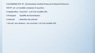 2-LE MODELE TCP /IP : (Transmission Control Protocol et Internet Protocol )
TCP/IP est un modèle compose 4 couches :
4-Application : Couche7 , 6 et 5 du modèle OSI .
3-Transport : Qualité de transmission .
2-Internet : Selection de chemin
1-Accès aux réseaux : Les couches 1 et 2 du modèle OSI .
 