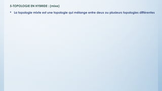 5-TOPOLOGIE EN HYBRIDE : (mixe)
 La topologie mixte est une topologie qui mélange entre deux ou plusieurs topologies différentes
 