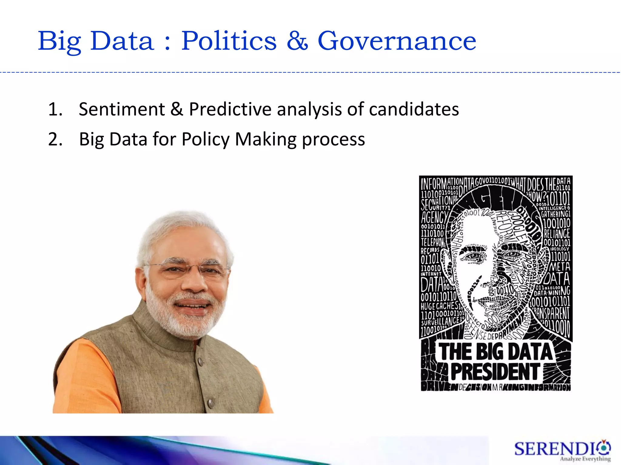 Big Data : Politics & Governance
1. Sentiment & Predictive analysis of candidates
2. Big Data for Policy Making process
 