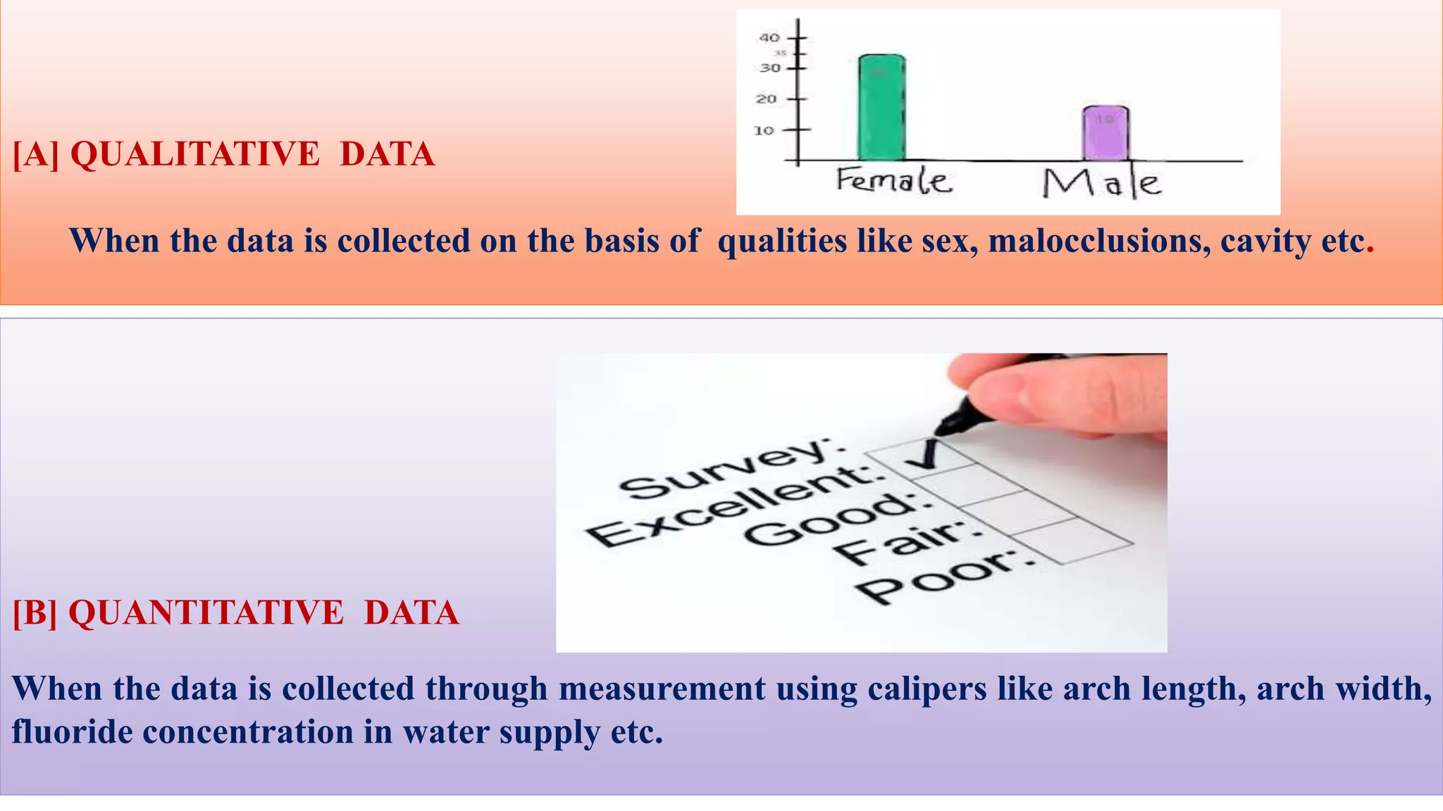 Classification of data[A] QUALITATIVE DATA
When the data is collected on the basis of qualities like sex, malocclusions, cavity etc.
[B] QUANTITATIVE DATA
When the data is collected through measurement using calipers like arch length, arch width,
fluoride concentration in water supply etc.
 