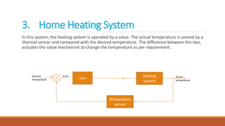 3. Home Heating System
In this system, the heating system is operated by a value. The actual temperature is sensed by a
thermal sensor and compared with the desired temperature. The difference between the two,
actuates the value mechanism to change the temperature as per requirement.
Value
Heating
system
Temperature
sensor
Desired
Temperature
House
temperature
+
-
Error
 