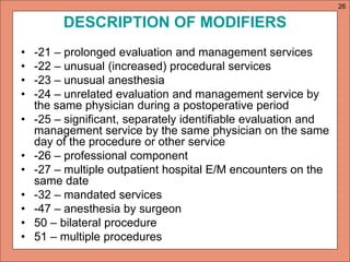 DESCRIPTION OF MODIFIERS 
• -21 – prolonged evaluation and management services 
• -22 – unusual (increased) procedural services 
• -23 – unusual anesthesia 
• -24 – unrelated evaluation and management service by 
the same physician during a postoperative period 
• -25 – significant, separately identifiable evaluation and 
management service by the same physician on the same 
day of the procedure or other service 
• -26 – professional component 
• -27 – multiple outpatient hospital E/M encounters on the 
same date 
• -32 – mandated services 
• -47 – anesthesia by surgeon 
• 50 – bilateral procedure 
• 51 – multiple procedures 
26 
 