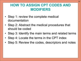 HOW TO ASSIGN CPT CODES AND 
MODIFIERS 
• Step 1: review the complete medical 
documentation 
• Step 2: Abstract the medical procedures that 
should be coded 
• Step 3: Identify the main terms and related terms 
• Step 4: Locate the terms in the CPT index 
• Step 5: Review the codes, descriptors and notes 
33 
 