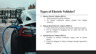 Types of Electric Vehicles?
1. Battery Electric Vehicles (BEVs):
1. Solely powered by electric batteries.
2. No internal combustion engine; produce zero tailpipe
emissions.
2. Plug-in Hybrid Electric Vehicles (PHEVs):
1. Utilize both electric batteries and internal combustion engines.
2. Can be charged by plugging into an outlet and also use
gasoline or diesel.
3. Hybrid Electric Vehicles (HEVs):
1. Combine an internal combustion engine with an electric
battery.
2. Cannot be plugged in; battery recharges through regenerative
braking.
 
