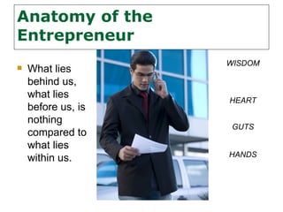 Anatomy of the
Entrepreneur
                    WISDOM
   What lies
    behind us,
    what lies
                    HEART
    before us, is
    nothing
                     GUTS
    compared to
    what lies
                    HANDS
    within us.
 