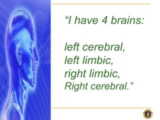 “I have 4 brains:

left cerebral,
left limbic,
right limbic,
Right cerebral.”
 