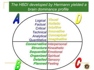 The HBDI developed by Hermann yielded a
        brain dominance profile

            Logical
            Factual
             Critical
           Technical
           Analytical
         Quantitative
                        Interpersonal
                        Kinesthetic
                        Emotional
                        Spiritual
                        Sensory
                        Feeling
 