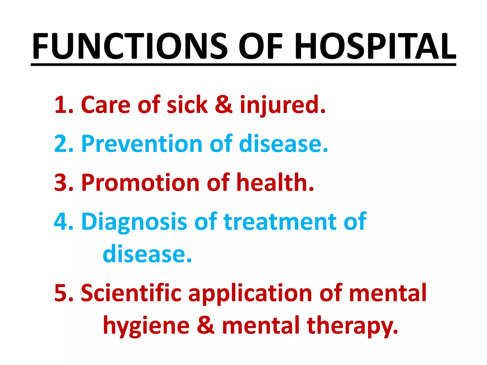 FUNCTIONS OF HOSPITAL
1. Care of sick & injured.
2. Prevention of disease.
3. Promotion of health.
4. Diagnosis of treatment of
disease.
5. Scientific application of mental
hygiene & mental therapy.
 