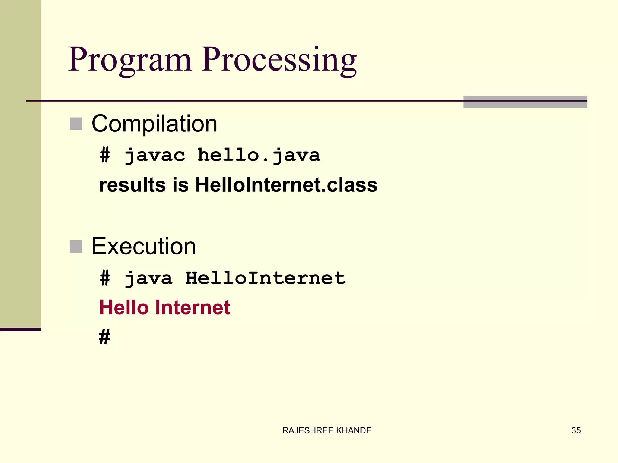 Program Processing
 Compilation
# javac hello.java
results is HelloInternet.class
 Execution
# java HelloInternet
Hello Internet
#
35RAJESHREE KHANDE
 