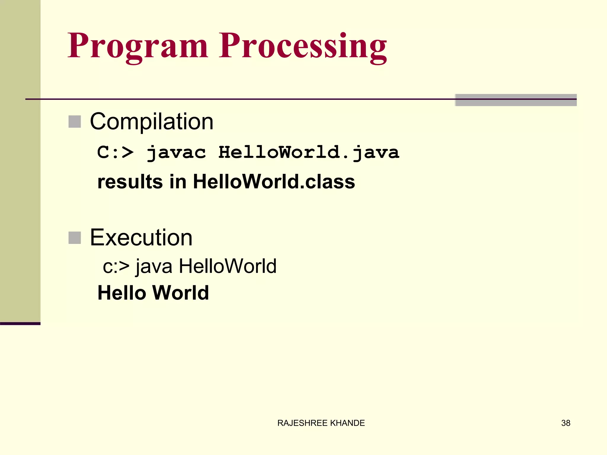 Program Processing
 Compilation
C:> javac HelloWorld.java
results in HelloWorld.class
 Execution
c:> java HelloWorld
Hello World
38RAJESHREE KHANDE
 