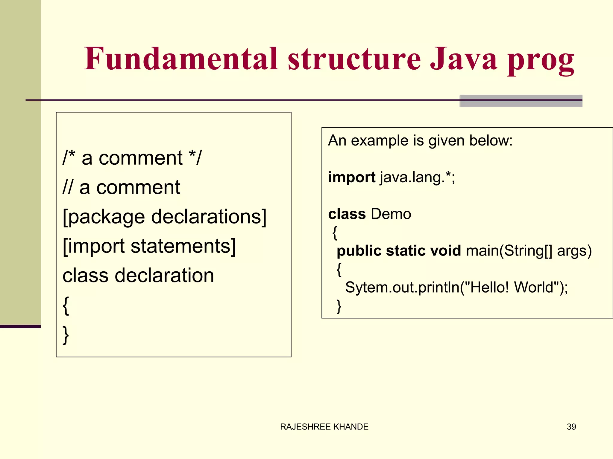 Fundamental structure Java prog
/* a comment */
// a comment
[package declarations]
[import statements]
class declaration
{
}
An example is given below:
import java.lang.*;
class Demo
{
public static void main(String[] args)
{
Sytem.out.println("Hello! World");
}
39RAJESHREE KHANDE
 