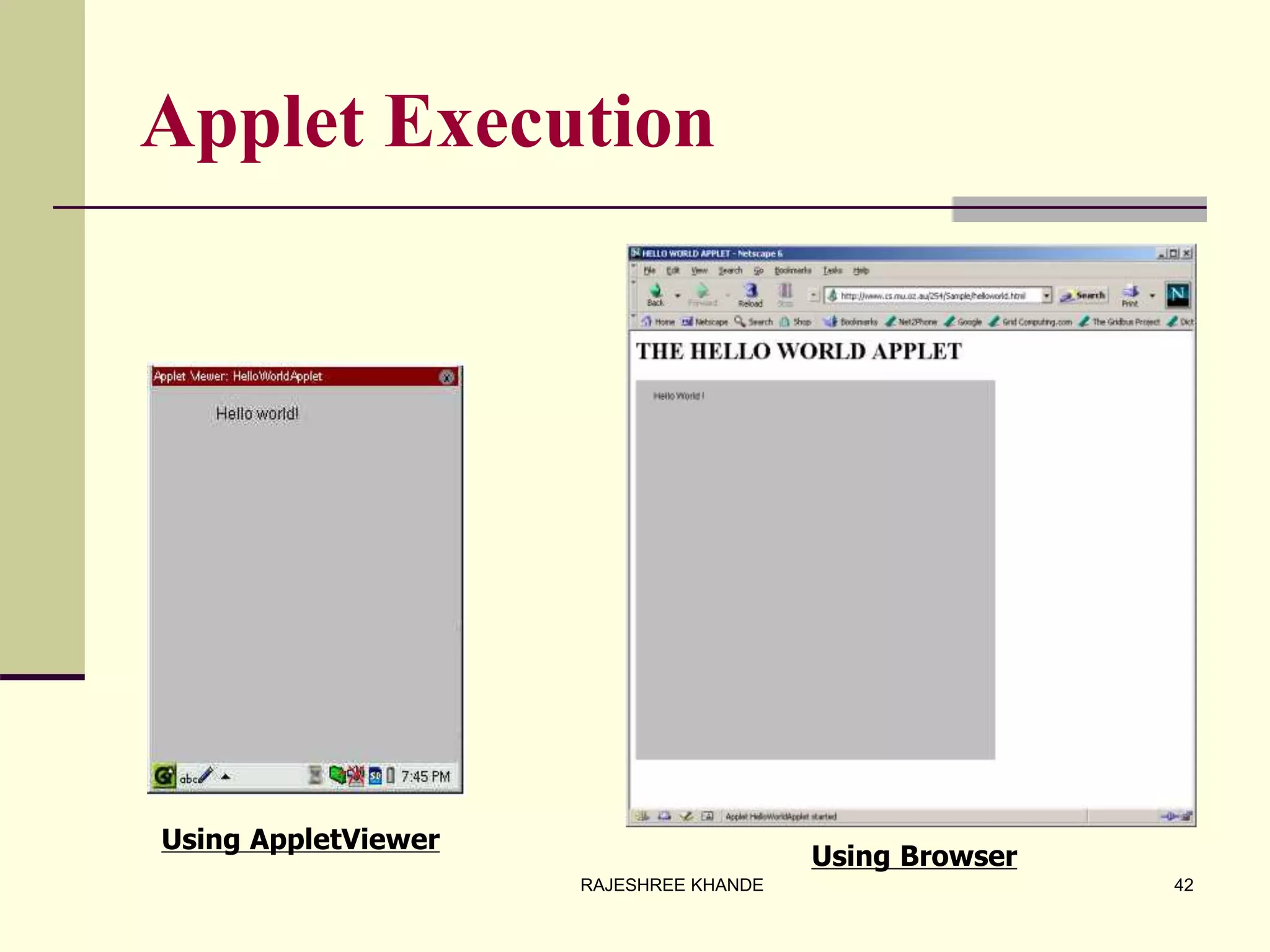 Applet Execution
Using AppletViewer
Using Browser
42RAJESHREE KHANDE
 