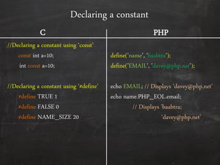 Declaring a constant
//Declaring a constant using ‘const’
const int a=10;
int const a=10;
//Declaring a constant using ‘#define’
#define TRUE 1
#define FALSE 0
#define NAME_SIZE 20
define(’name’, ’baabtra’);
define(’EMAIL’, ’davey@php.net’);
echo EMAIL; // Displays ’davey@php.net’
echo name.PHP_EOL.email;
// Displays ’baabtra;
‘davey@php.net’
C PHP
 